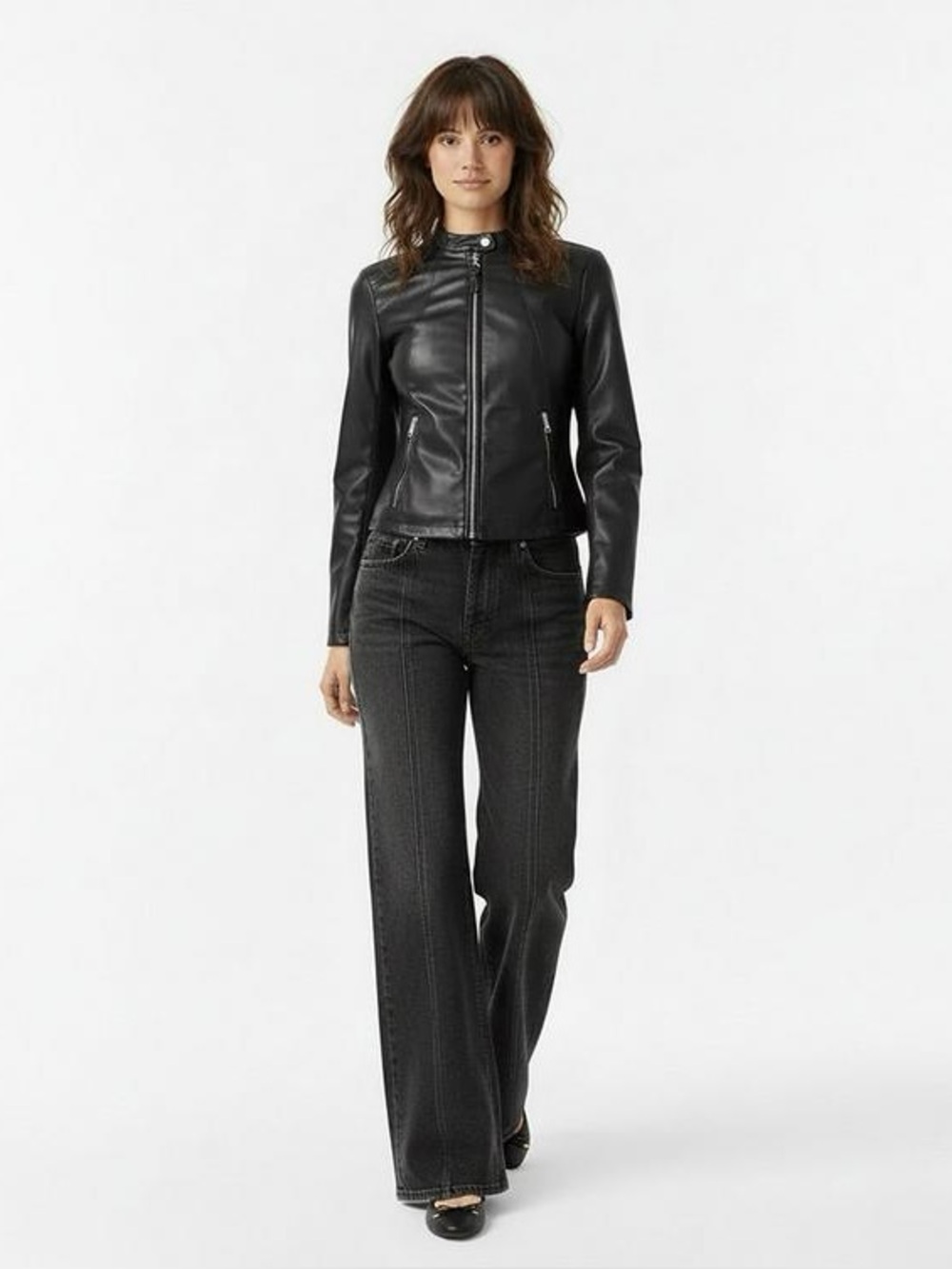 DKNY Black Faux Leather Mock-Neck Moto Biker Jacket Full-Zip NWOT Large